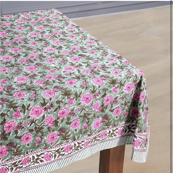 CPC NEW 100% cotton Indian block print rectangular table cloth green/pink 70x108 - Picture 3 of 7